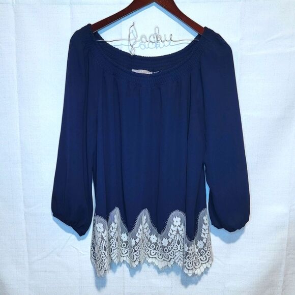 Valerie Stevens Lace Detail Navy Blue Top Size XL - Picture 1 of 8